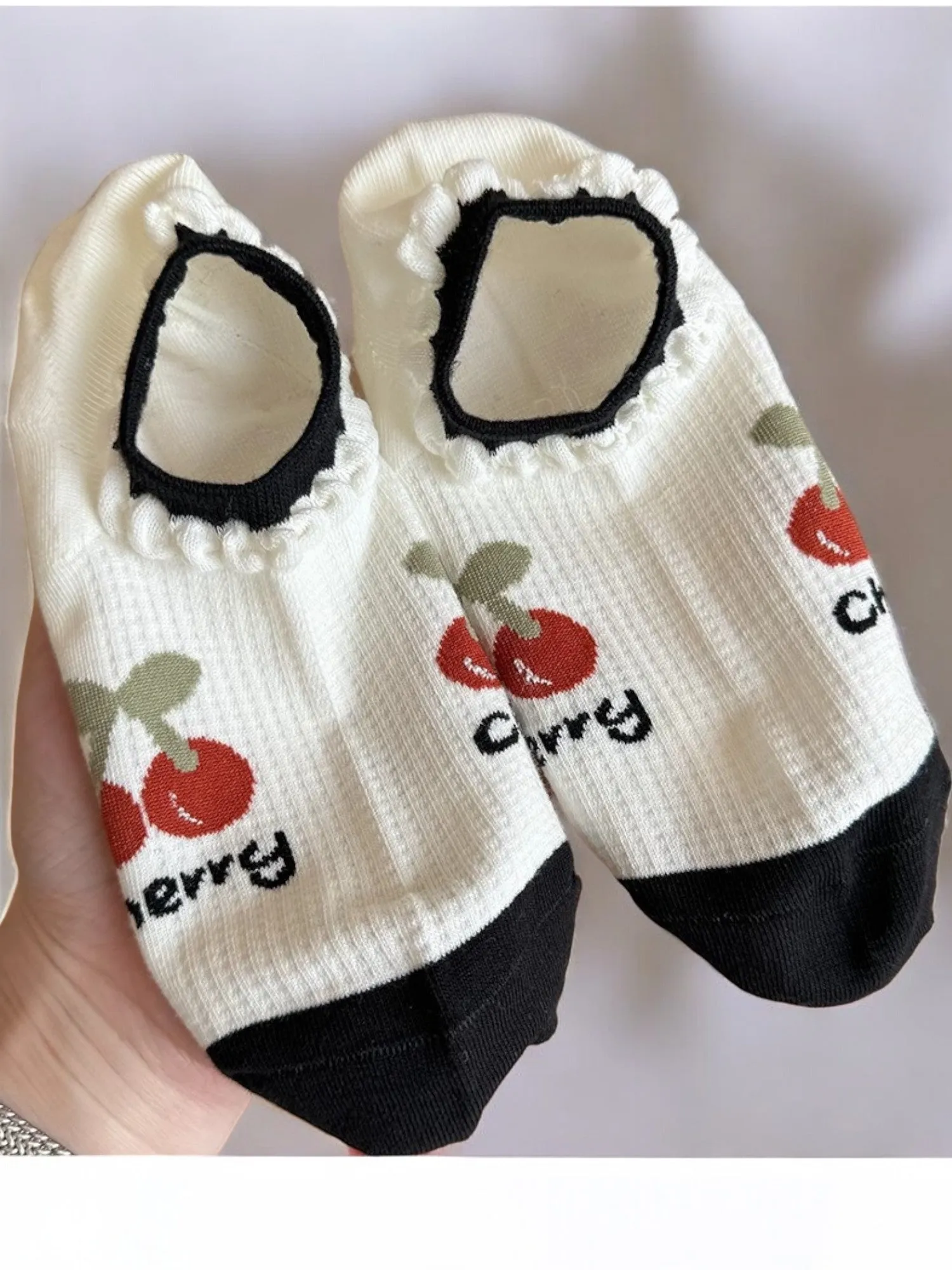 Anna-Kaci Women's Low-Cut Ankle Socks with Cherry Embroidery and Striped Design
